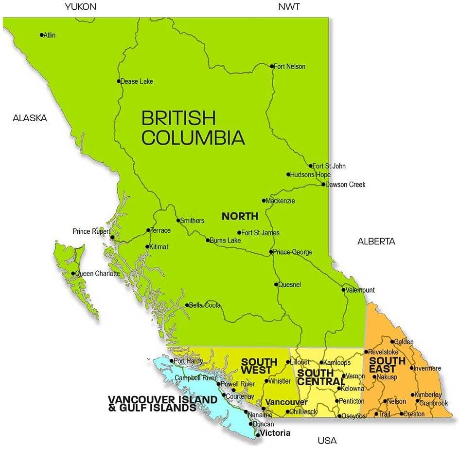 რუკა british columbia რეგიონებში