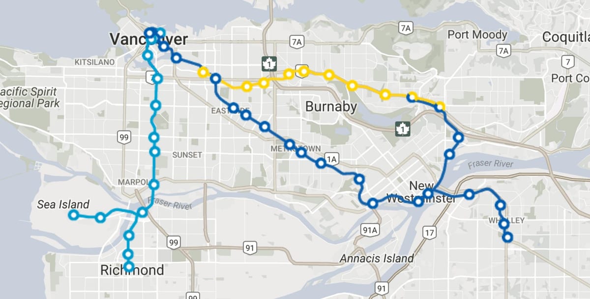 skytrain vancouver რუკა, მარშრუტები