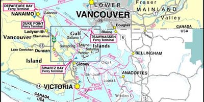 Vancouver კუნძული საბორნე მარშრუტების რუკა